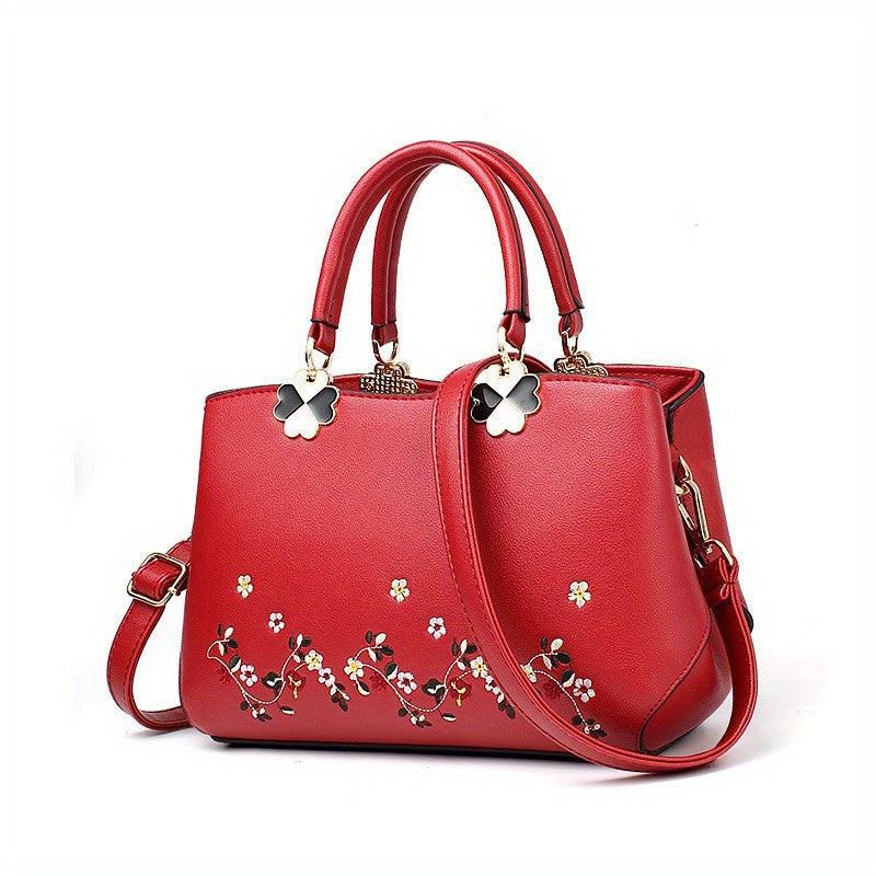 Floral Embroidered Tote Bag PU Crossbody Women's Small Handbag