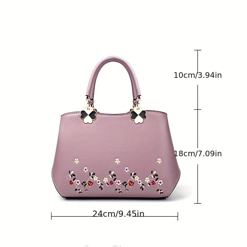 Floral Embroidered Tote Bag PU Crossbody Women's Small Handbag