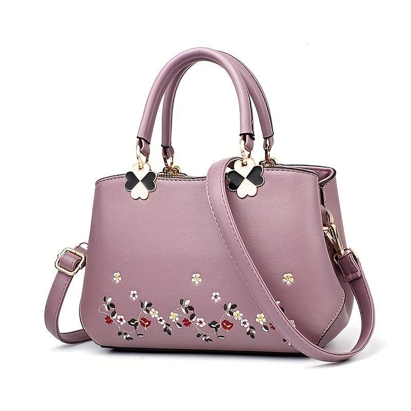 Floral Embroidered Tote Bag PU Crossbody Women's Small Handbag