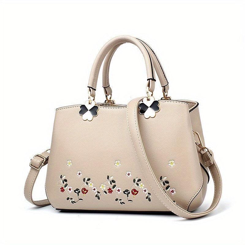 Floral Embroidered Tote Bag PU Crossbody Women's Small Handbag