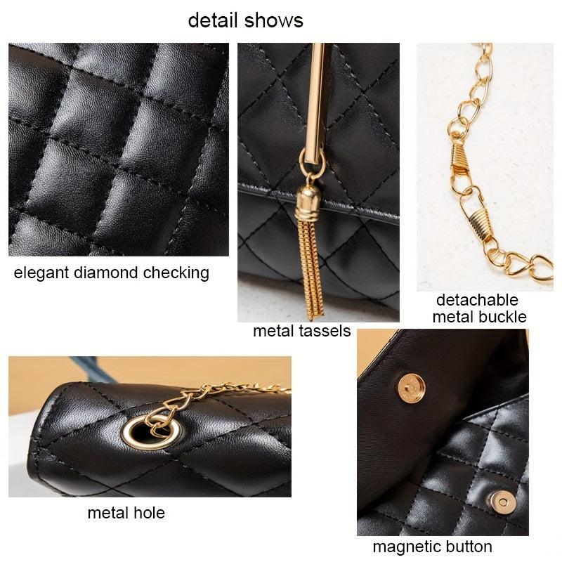 Argyle Quilted Chain Crossbody Bag Tassel Shoulder Small Flap Square Purse