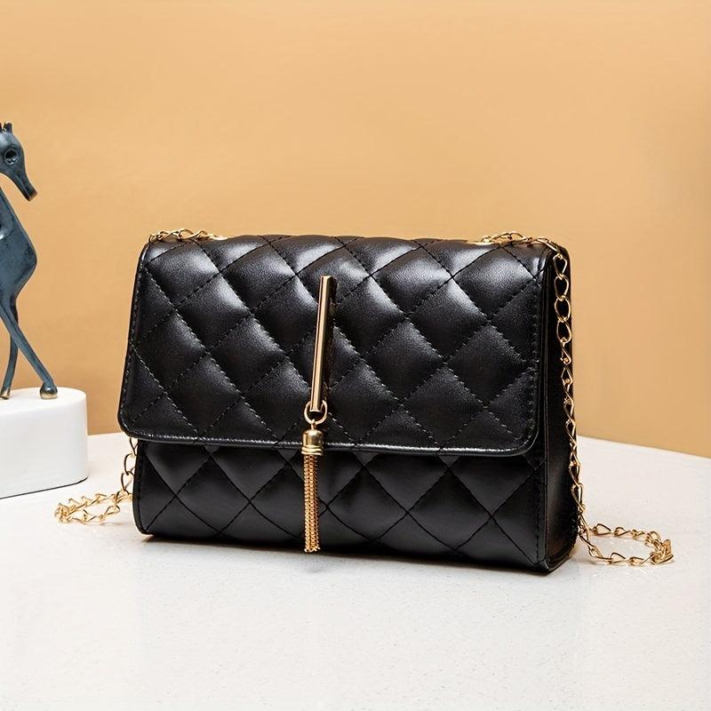 Argyle Quilted Chain Crossbody Bag Tassel Shoulder Small Flap Square Purse
