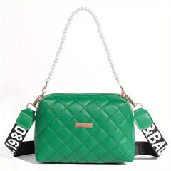 Argyle Quilted Crossbody Bag Faux Pearl Chain Square Purse