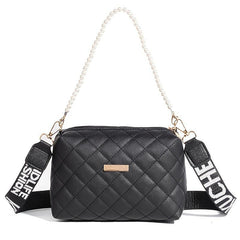 Argyle Quilted Crossbody Bag Faux Pearl Chain Square Purse