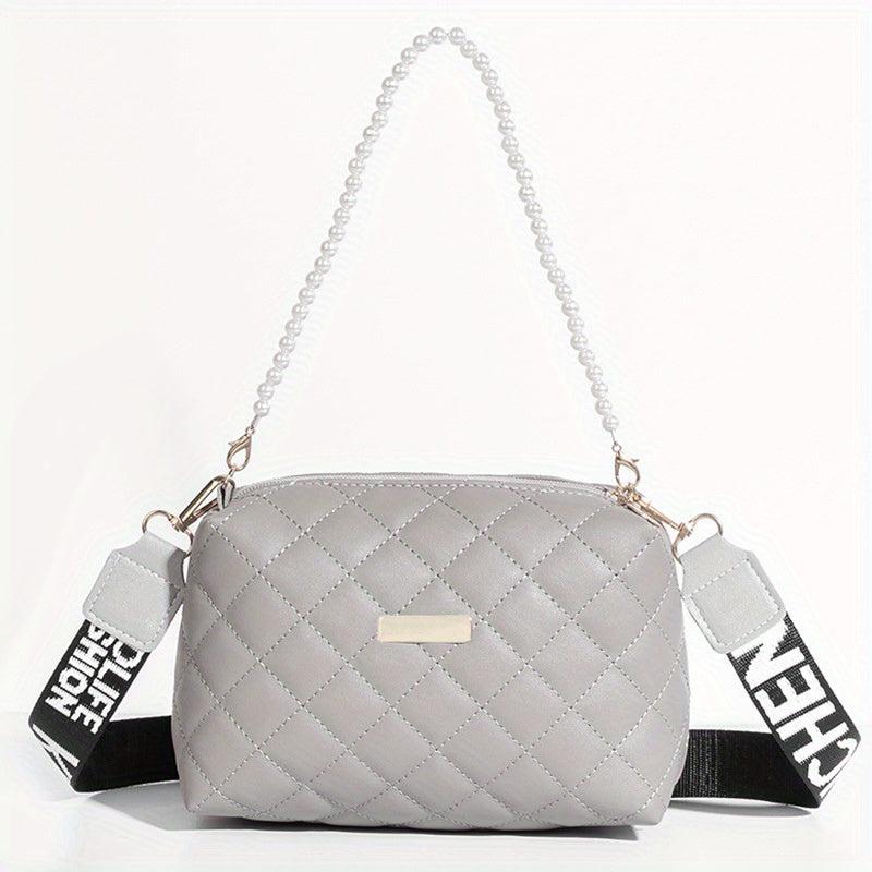 Argyle Quilted Crossbody Bag Faux Pearl Chain Square Purse