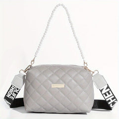 Argyle Quilted Crossbody Bag Faux Pearl Chain Square Purse