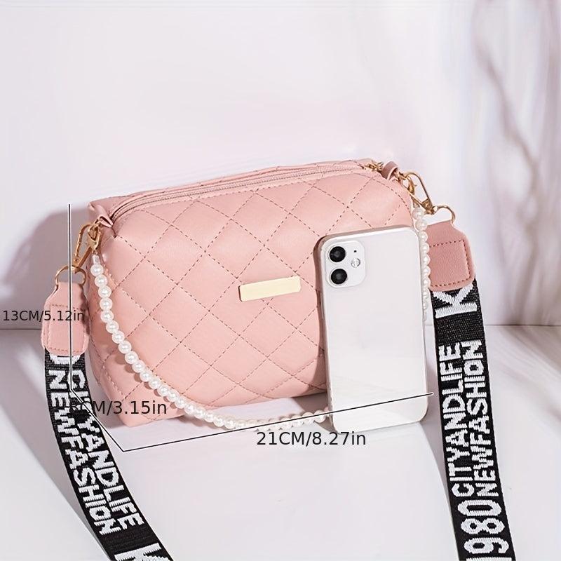 Argyle Quilted Crossbody Bag Faux Pearl Chain Square Purse