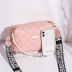Argyle Quilted Crossbody Bag Faux Pearl Chain Square Purse