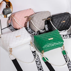 Argyle Quilted Crossbody Bag Faux Pearl Chain Square Purse
