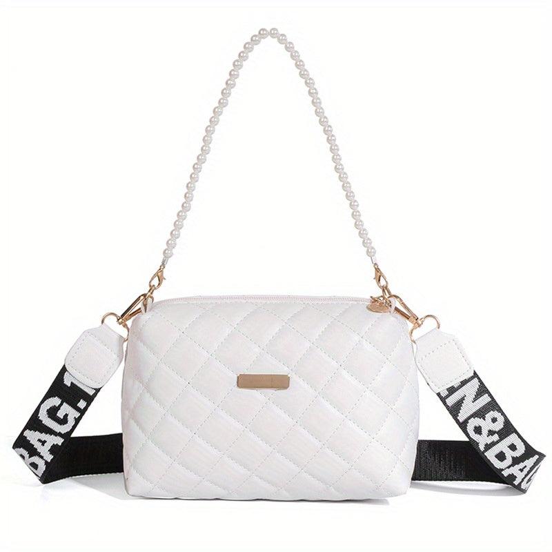 Argyle Quilted Crossbody Bag Faux Pearl Chain Square Purse