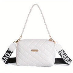 Argyle Quilted Crossbody Bag Faux Pearl Chain Square Purse
