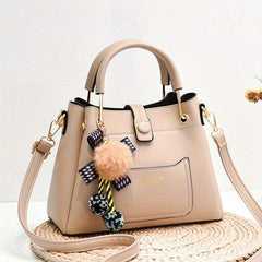 Women's PU Leather Crossbody Bag with Pompom Ball