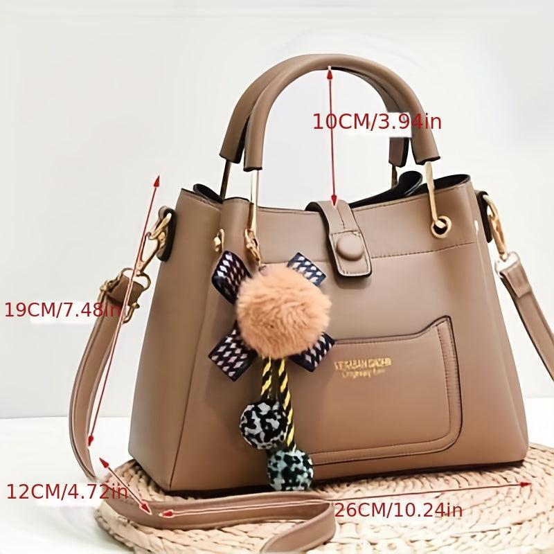 Women's PU Leather Crossbody Bag with Pompom Ball