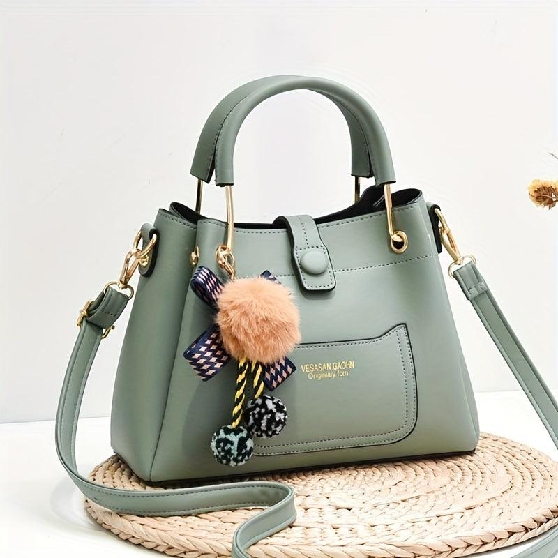 Women's PU Leather Crossbody Bag with Pompom Ball