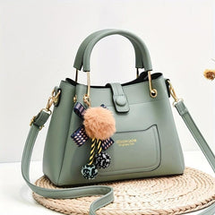Women's PU Leather Crossbody Bag with Pompom Ball