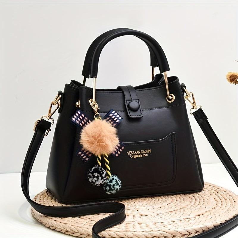 Women's PU Leather Crossbody Bag with Pompom Ball