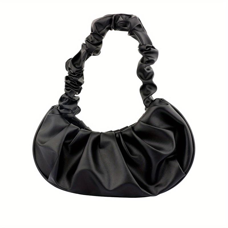 Stylish Pleated Underarm Bag PU Crescent Handbag
