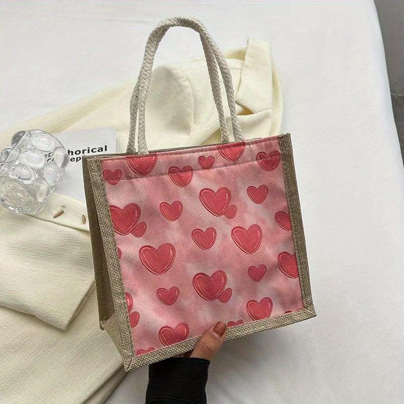 Love Pattern Burlap Handbag Lightweight Versatile Storage Bag Satchel
