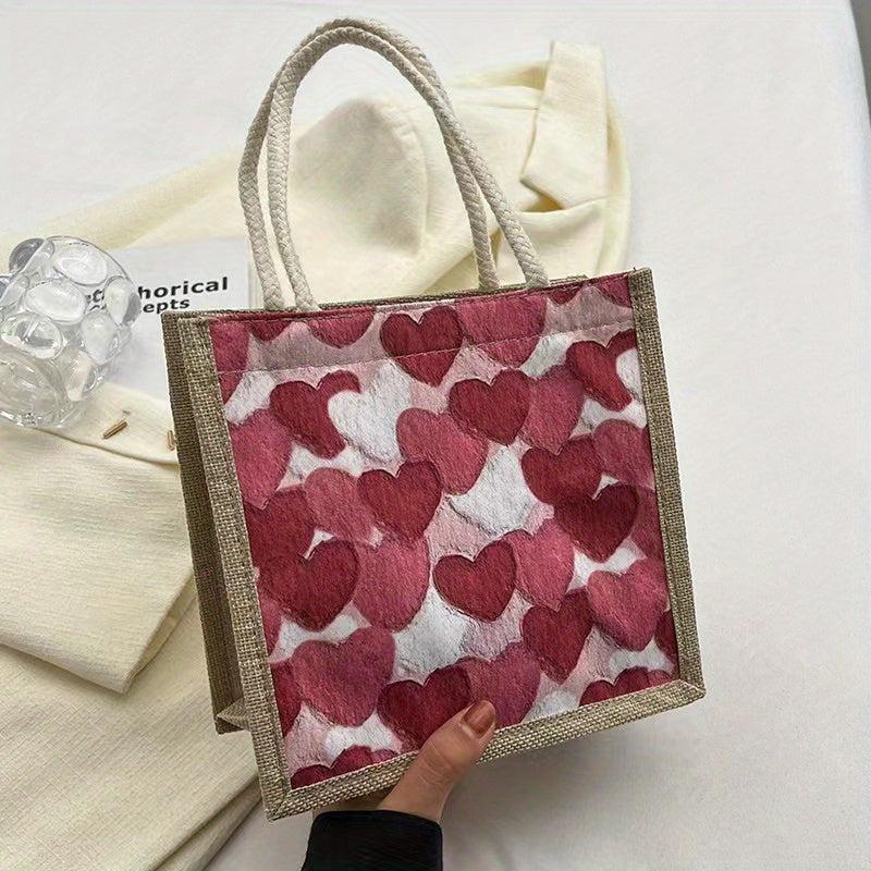 Love Pattern Burlap Handbag Lightweight Versatile Storage Bag Satchel