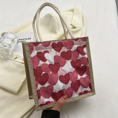 Love Pattern Burlap Handbag Lightweight Versatile Storage Bag Satchel