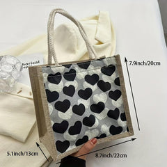 Love Pattern Burlap Handbag Lightweight Versatile Storage Bag Satchel