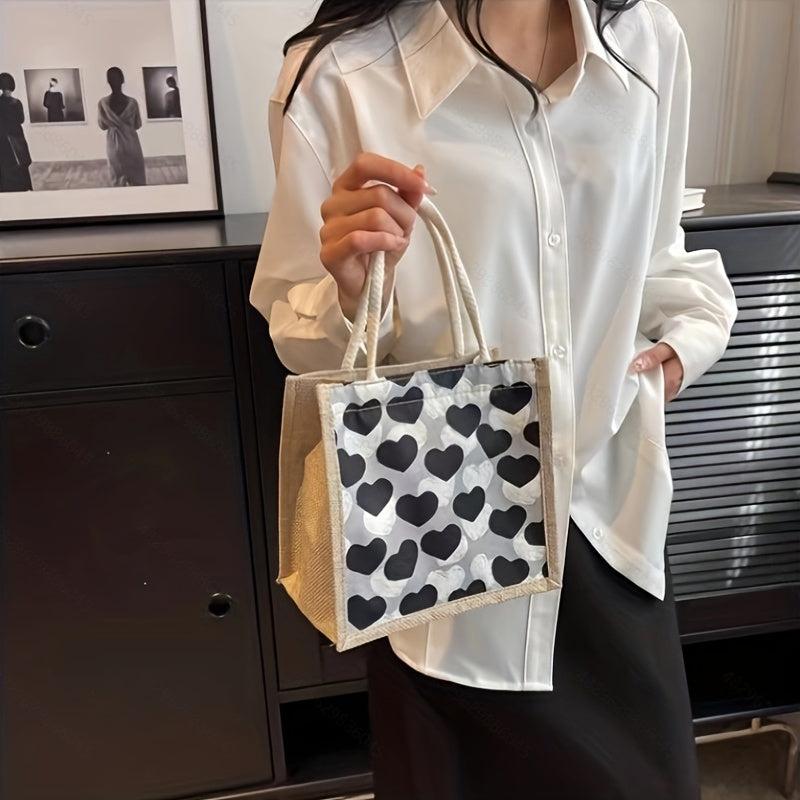 Love Pattern Burlap Handbag Lightweight Versatile Storage Bag Satchel