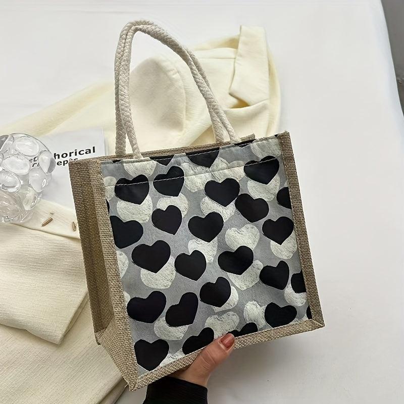 Love Pattern Burlap Handbag Lightweight Versatile Storage Bag Satchel
