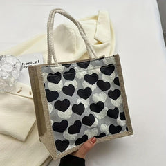 Love Pattern Burlap Handbag Lightweight Versatile Storage Bag Satchel