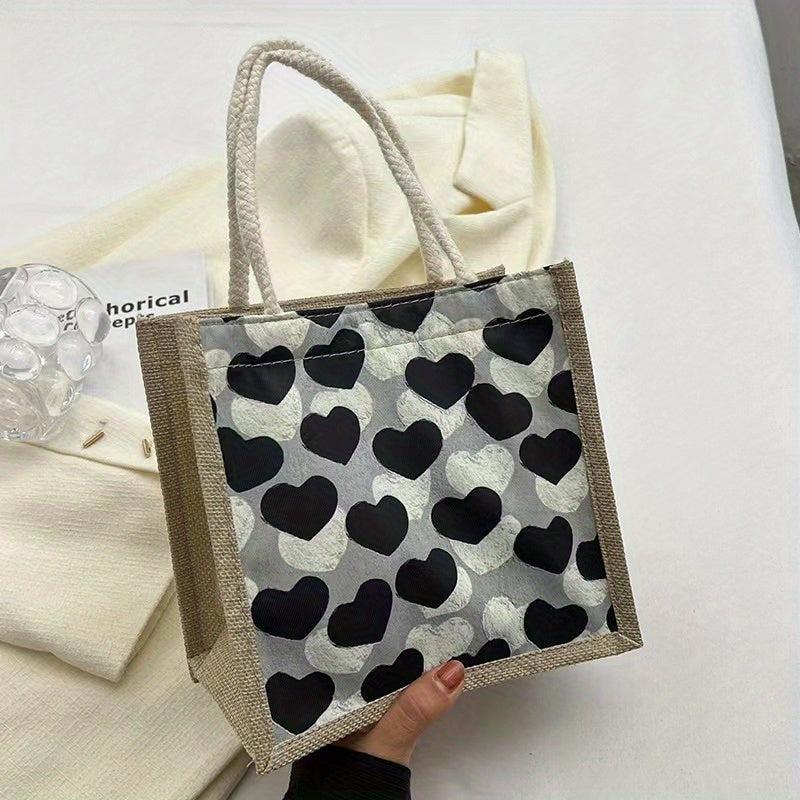 Love Pattern Burlap Handbag Lightweight Versatile Storage Bag Satchel