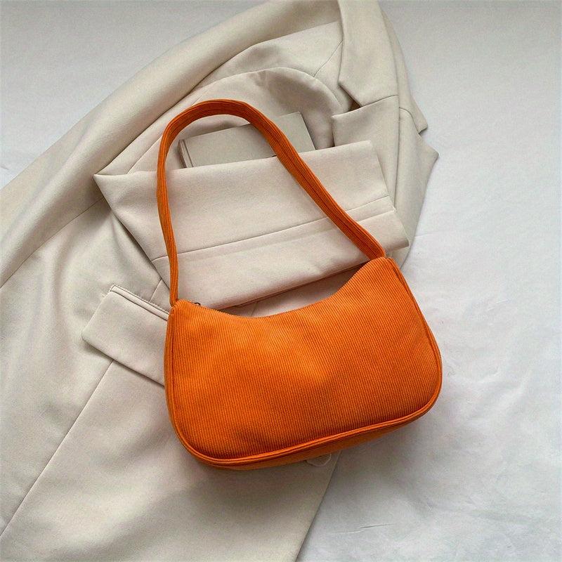 Solid Corduroy Shoulder Bag Stylish Zipper Underarm Bag