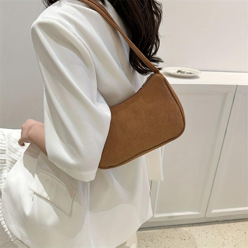 Solid Corduroy Shoulder Bag Stylish Zipper Underarm Bag
