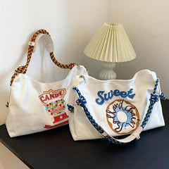 Cartoon Donut Print Crossbody Bag Canvas Hobo Bag