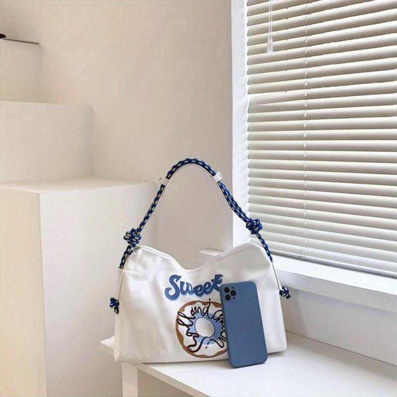 Cartoon Donut Print Crossbody Bag Canvas Hobo Bag