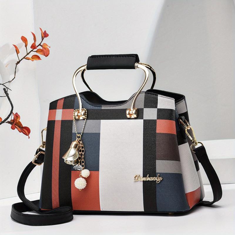 Colorblock Crossbody Bag Large Capacity Shoulder Bag With Pendant