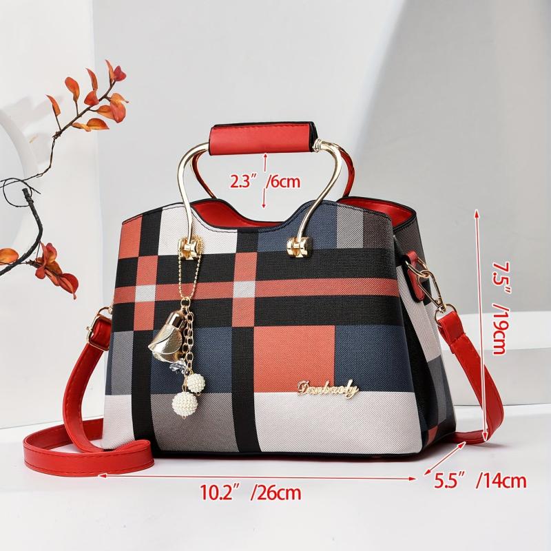 Colorblock Crossbody Bag Large Capacity Shoulder Bag With Pendant