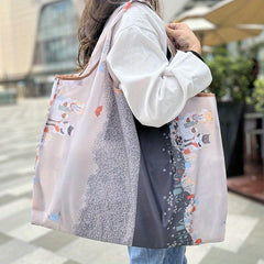 Printed Nylon Tote Bag Reusable Foldable Large Capacity Shoulder Bag