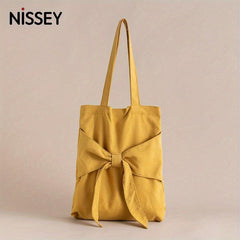 Bowknot Decor Canvas Shoulder Bag Tote Bag Solid Handbag For School Travel