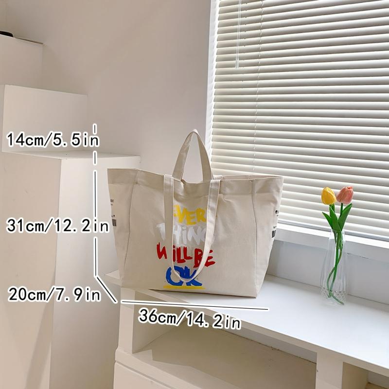 Colorful Letter Print Canvas Bag Large Capacity Lightweight Shoulder Bag