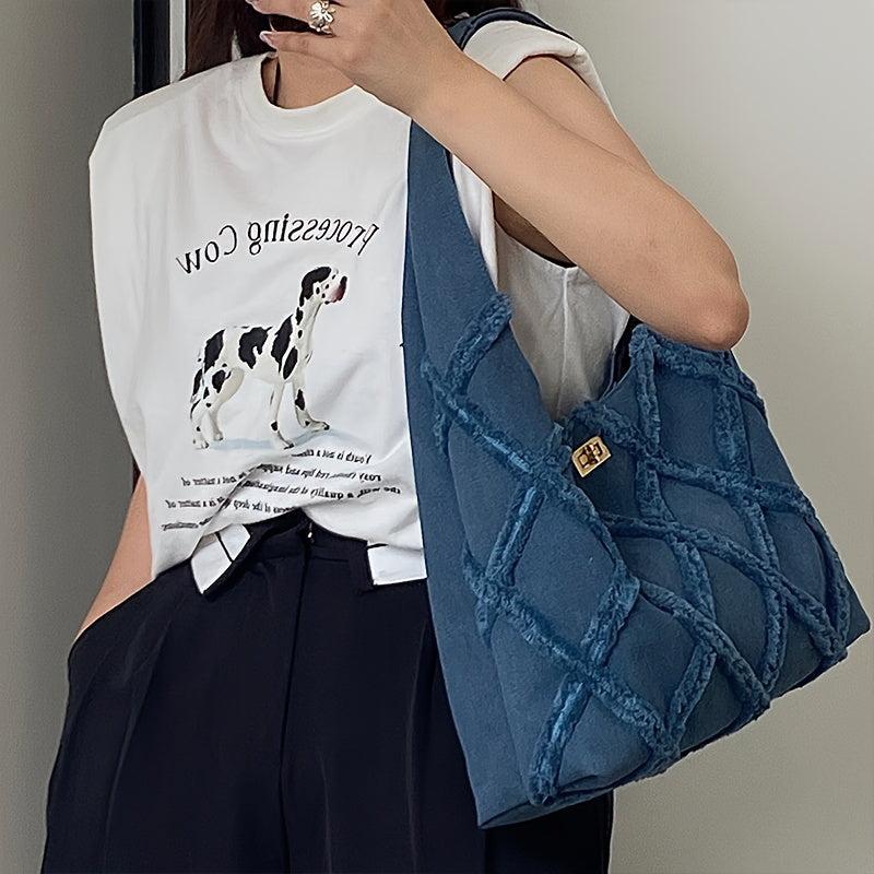 Denim Shoulder Bag Argyle Pattern Tassel Decor Hobo Bag Turn Lock Storage