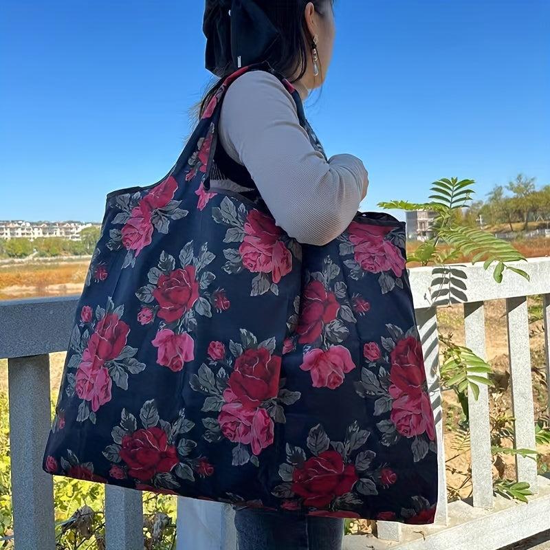 Flower Print Foldable Shopping Bag with Large Capacity