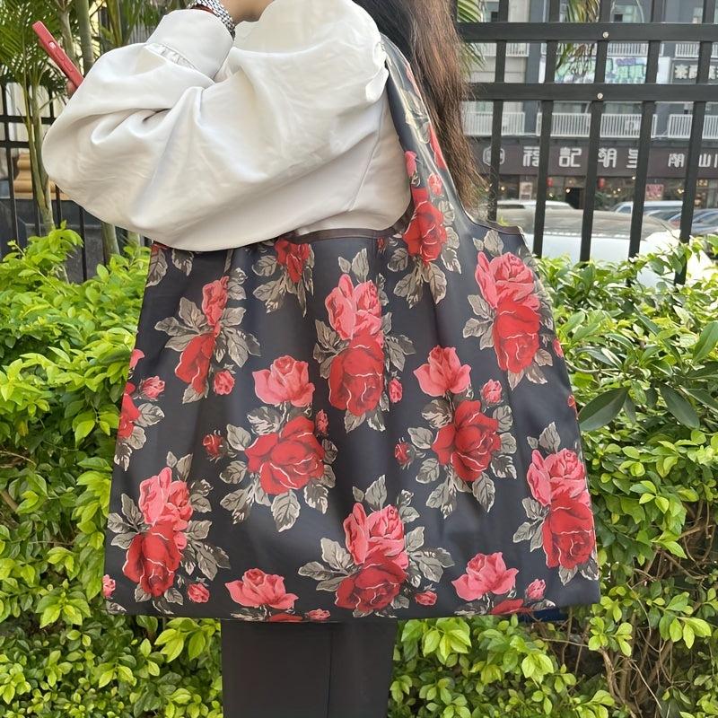 Flower Print Foldable Shopping Bag with Large Capacity