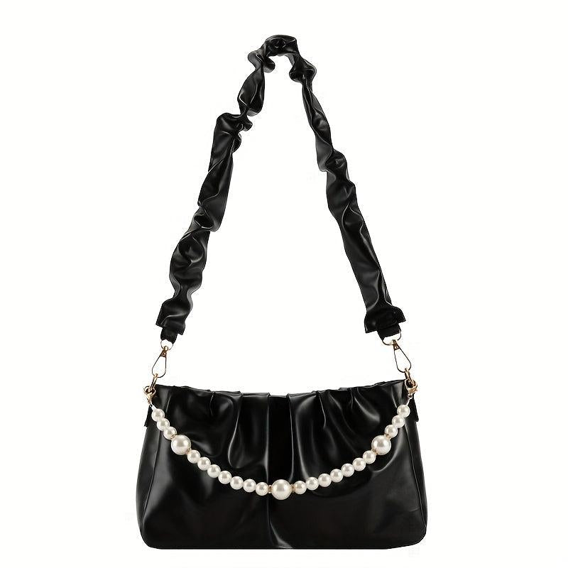 Cloud Ruched Shoulder Bag Faux Pearl Chain Handbag