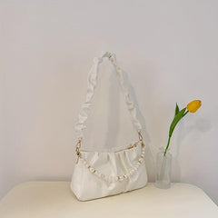 Cloud Ruched Shoulder Bag Faux Pearl Chain Handbag