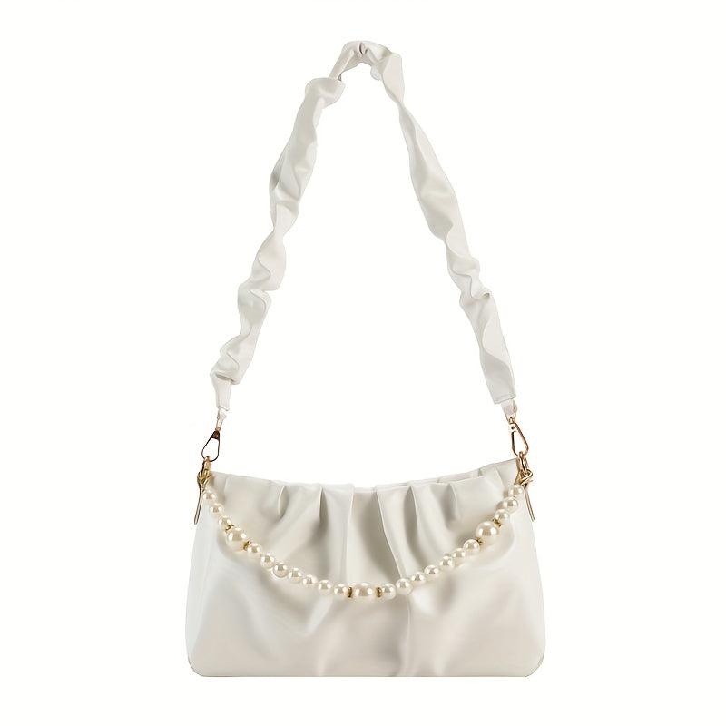 Cloud Ruched Shoulder Bag Faux Pearl Chain Handbag