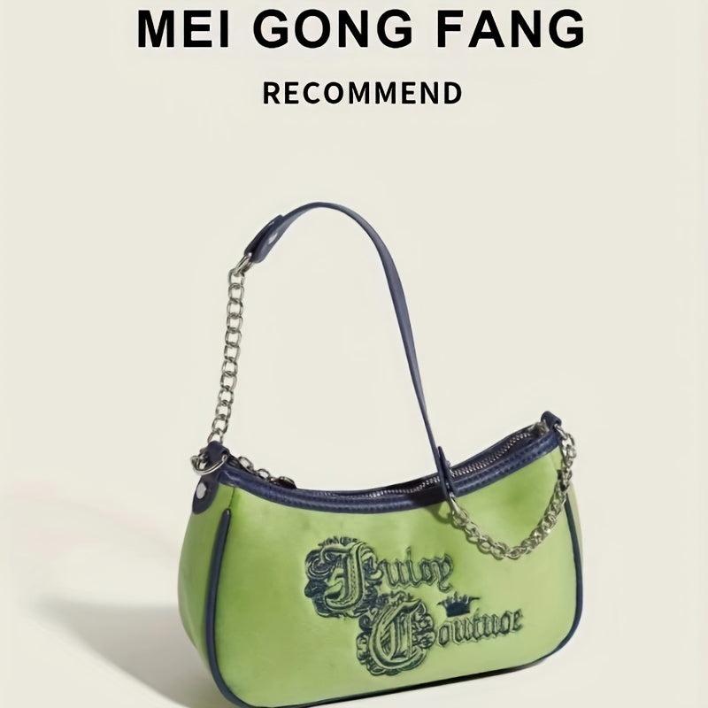 Y2K Green Embroidery Underarm Bag Chain Baguette