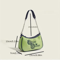 Y2K Green Embroidery Underarm Bag Chain Baguette
