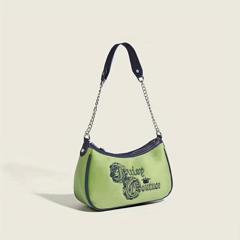 Y2K Green Embroidery Underarm Bag Chain Baguette