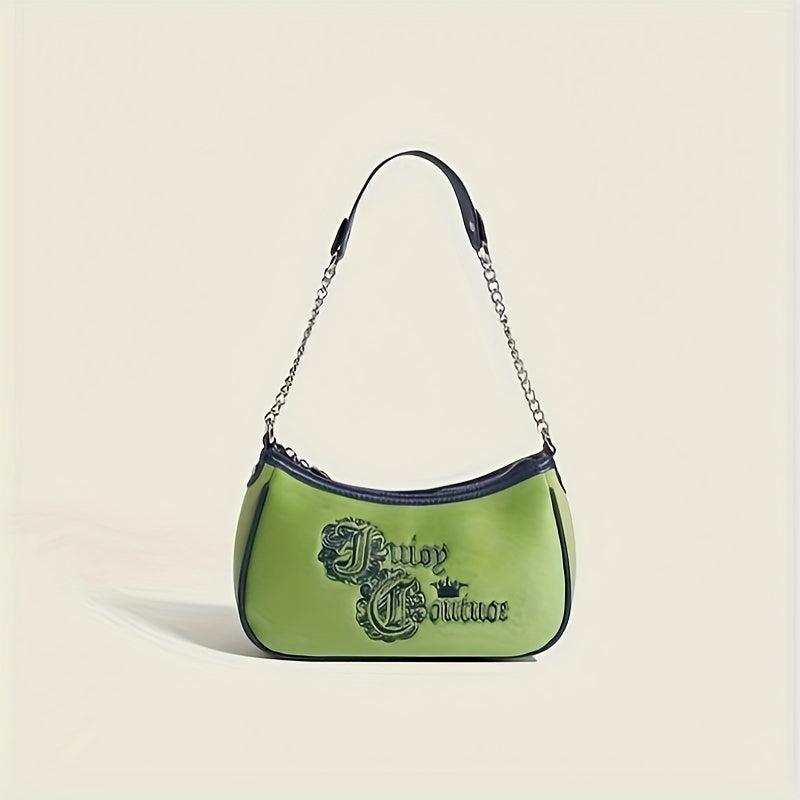 Y2K Green Embroidery Underarm Bag Chain Baguette