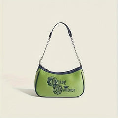 Y2K Green Embroidery Underarm Bag Chain Baguette