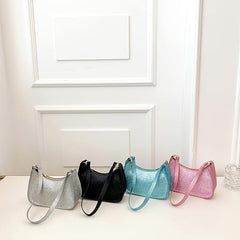 Glitter Top Handle Baguette Bag Women's Faux Leather Shoulder Purse